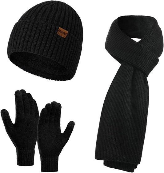 Winter Beanie Hats for Men Long Neck Scarf and Touchscreen Gloves Set with Fleece Lined Skull Caps Gifts for Men