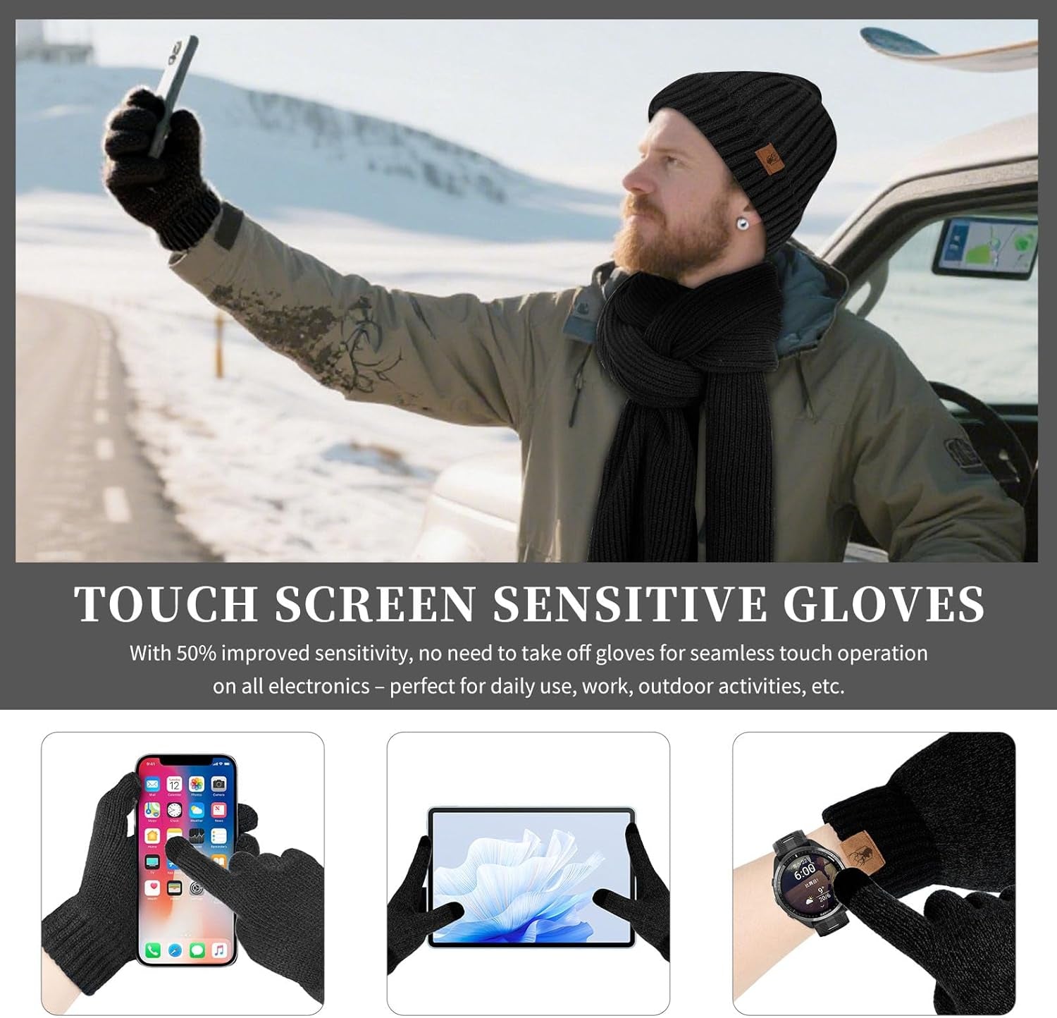 Winter Beanie Hats for Men Long Neck Scarf and Touchscreen Gloves Set with Fleece Lined Skull Caps Gifts for Men