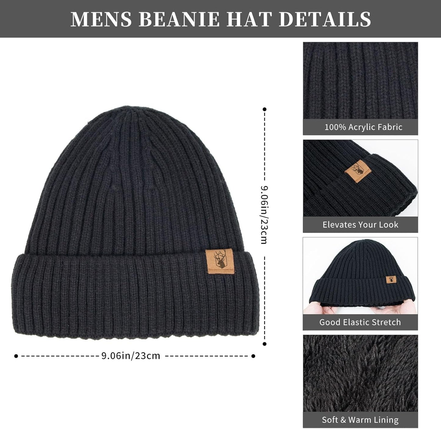 Winter Beanie Hats for Men Long Neck Scarf and Touchscreen Gloves Set with Fleece Lined Skull Caps Gifts for Men